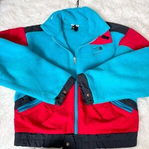 The North Face Vintage Turquoise, Red & Black Colorblock Fleece Puffer Jacket
